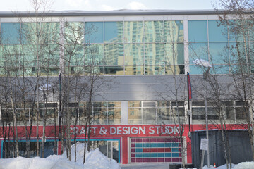 Naklejka premium exterior building facade and sign of Craft & Design Studio located at Harbourfront Centre, Toronto