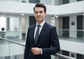 Confident businessman in a dark suit standing in a modern office building atrium