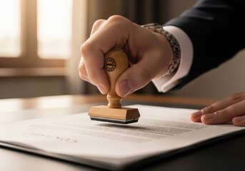 Businessman's hand holding a wooden stamp to approve a document with official seal