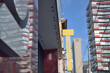Naklejka premium abstract view of (l-r) Scotiabank branch, Korean Grill House projecting sign (222, 214 Queen St W), Sheraton Centre, and a condo, in Toronto 