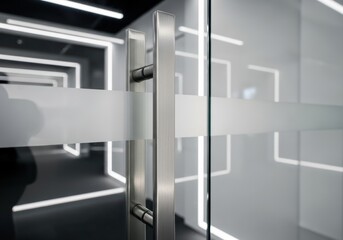 Modern office glass door with brushed metal handle and frosted privacy strip