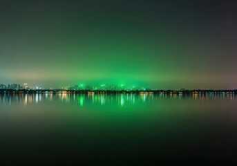 Vibrant green lights illuminate a city skyline reflected in calm water at night