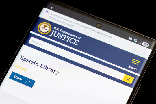 Cellphone screen with opened Epstein Library on US Department of Justice web site in Balykchy, Kyrgyzstan - February 2, 2026