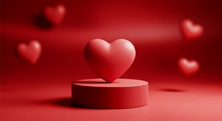 A large red heart sits atop a cylindrical pedestal surrounded by smaller hearts in a vibrant red background