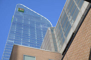 Obraz premium skyward view of TD Terrace and old building at southeast corner of Simcoe St and Front St W, Toronto