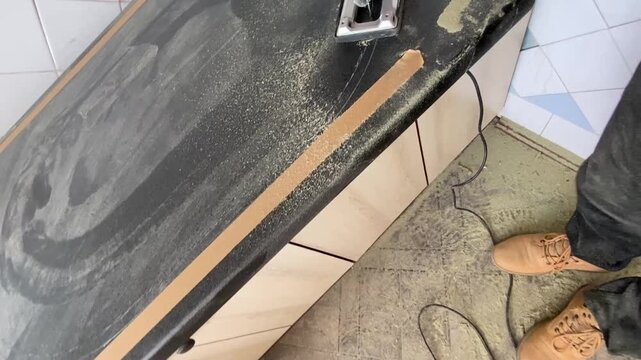 Professional kitchen sink installation and countertop sealing process.