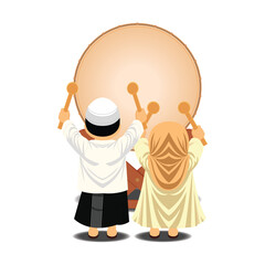  Illustration Of Muslim Children Celebrating Ramadan And Eid Mubarak With Bedug