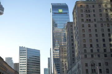 Obraz premium looking east on Front St W from Bay St to Fairmont Royal York hotel and TD Terrace, Toronto