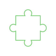 Obraz premium Flat outline jigsaw puzzle piece. Silhouette of puzzle tile for boardgame or toy. Simple green graphic design for hobby, activity, or tabletop game concept.