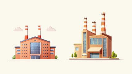 Obraz premium Two distinct flat design industrial factory buildings, complete with tall smokestacks, ideal for representing various manufacturing processes and business concepts in modern graphic projects