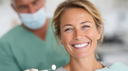 Dental checkup with happy patient and dentist in clinic setting