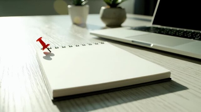A close-up of a red pushpin on a calendar beside a laptop and small potted plants on a bright desk