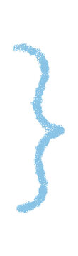 Hand drawn blue curly brackets with crayon sketch and chalk texture. This font character symbol stands as a punctuation element, bracket shape for text and creative typographic use.