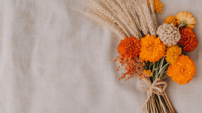 Lush autumn bouquet with orange and yellow flowers and wheat on linen background for seasonal decor