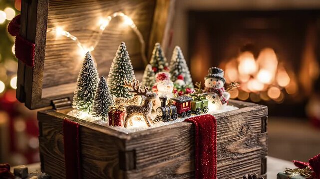 A Festive Rustic Wooden Gift Box Tied with a Red Ribbon by the Fireplace
