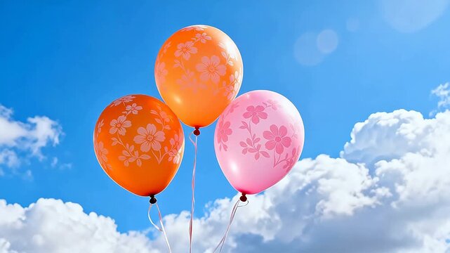 Balloons with floral patterns in sky