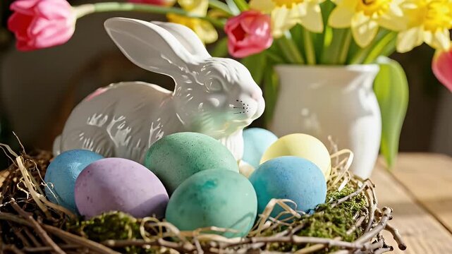 A Rustic Spring Easter Table Scene with Colorful Eggs and Fresh Flowers