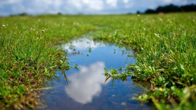 Green meadow with a water puddle reflecting the sky. Blades of grass line the puddle