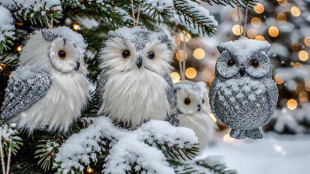 A serene winter tableau showing a small flock of snowy owls perched on snow-dusted evergreen branches beneath warm golden lights