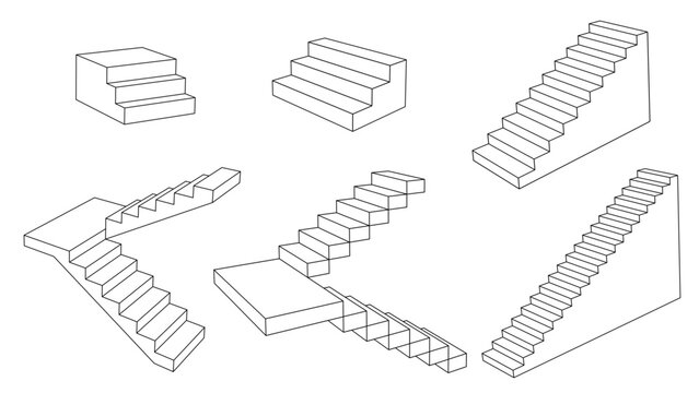 set of 3D line drawings of different types of stairs. svg vector illustration. SVG file only available on Adobe Stock.
