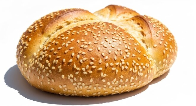 A golden brown, round bread roll generously covered with sesame seeds, shadow to the side