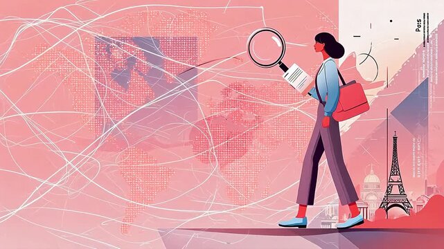 Woman with magnifying glass exploring world map