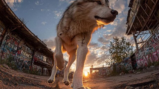 A brown wolf running in an urban scene with graffiti, set against a twilight sky The wolf is mid-stride, facing sideways and appearing dynamic Abandoned building, yellow, blue, - AI-Generated