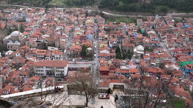 Afyonkarahisar, Turkey - April 4, 2025: Panoramic Aerial View of Afyonkarahisar City with Traditional Red Roofs
