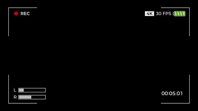 Camera Recording Screen Interface Overlay with 4K Resolution and 30 FPS Indicators, Digital Video Viewfinder with Battery Level and Audio Meters on Black Background, Alpha Channel Ready Design