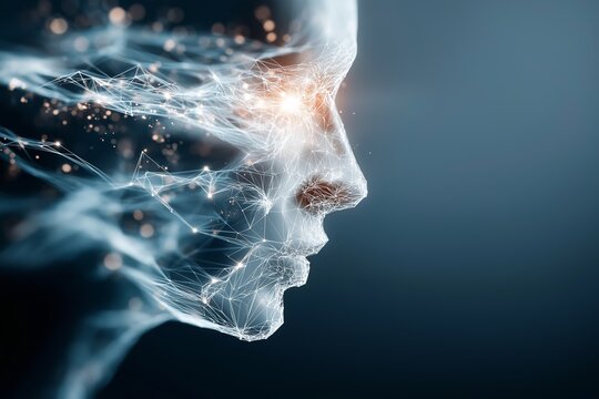 Human face composed of network lines and particles representing artificial intelligence neural connections and digital mind structure in futuristic technology concept