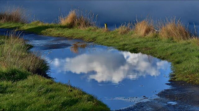 A puddle reflects a cloudy sky with lush grass surrounding it. A wooden post is present