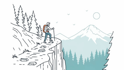 Hiker stands on cliff edge with backpack and trekking pole. © Tiara