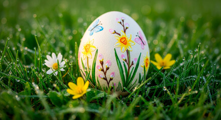 Fototapeta premium A beautifully decorated Easter egg rests amid lush green grass and vibrant wildflowers, glistening with morning dew, capturing the essence of spring.