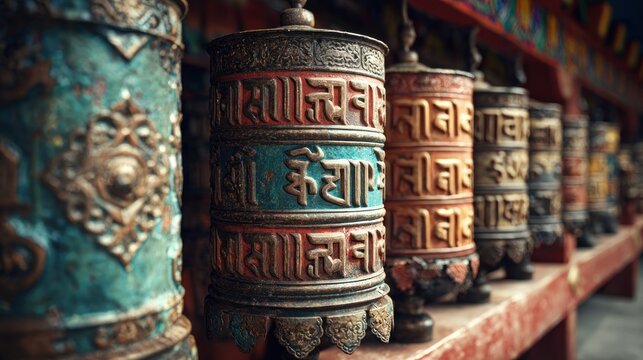Line of Prayer Wheels with Intricate Carvings, Tibetan Buddhism Ritual Object