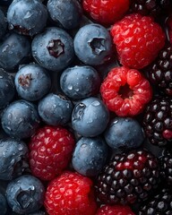 Fresh Berry Background with Blueberry Raspberry and Blackberry Macro Texture
