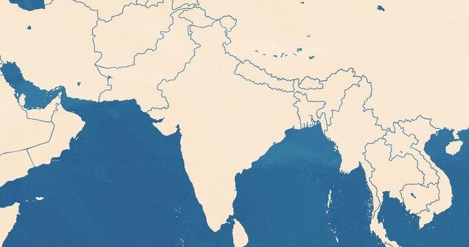 Beautiful zoom in of a India map with most important cities frontiers and rivers