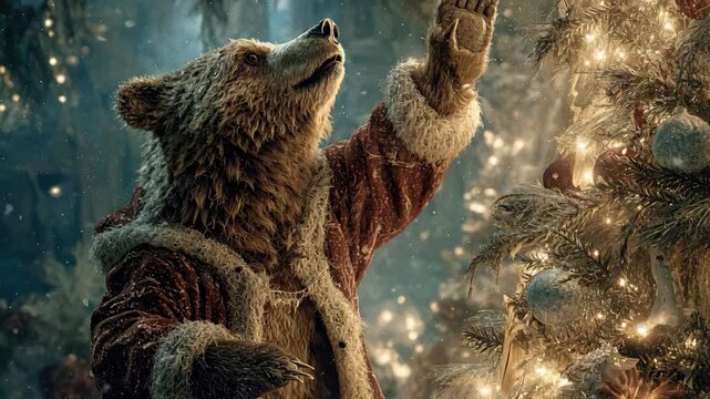 A brown bear in a Santa costume, standing upright, is celebrating multiple holidays Christmas, New Years Eve, and Chinese New Year in a decorated room with a lit Christmas tree and s - AI-Generated