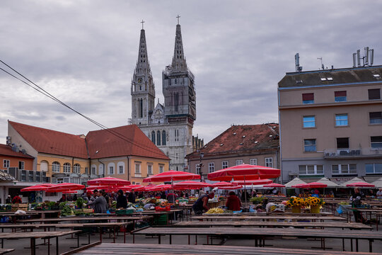 The Traditional Market Dolac and the Zagreb Cathedral - Croatia - Gothic Roman Catholic church Located in Kaptol