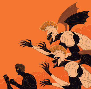 deimos and phobos terrifying a soldier in ancient greek vase style