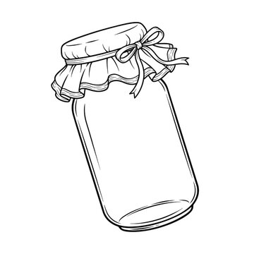 empty glass mason jar with fabric lid and ribbon bow vintage kitchen storage line art illustration