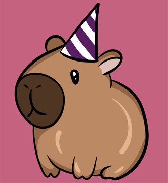 Cute Kawaii Capybara in Birthday Party Hat - Adorable Animal Character on Pink Background Vector