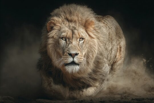A majestic lion strides forward with intensity, its powerful presence captured in a dramatic, dust-filled moment.