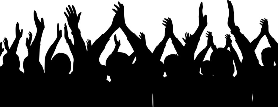 Black crowd silhouette of people with raised hands at concert or party event celebration, cad drawing flat vector illustration background