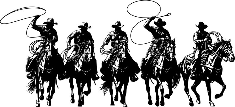 A vector silhouette 5 cowboys riding horses. Two of the ranch cowboys are holding lariats / ropes