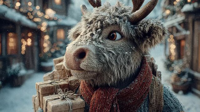 An anthropomorphic cow in winter attire, resembling a Santa Claus figure, carries a stack of gifts amidst a festive scene that includes Christmas and Chinese New Year elements, a rustic - AI-Generated