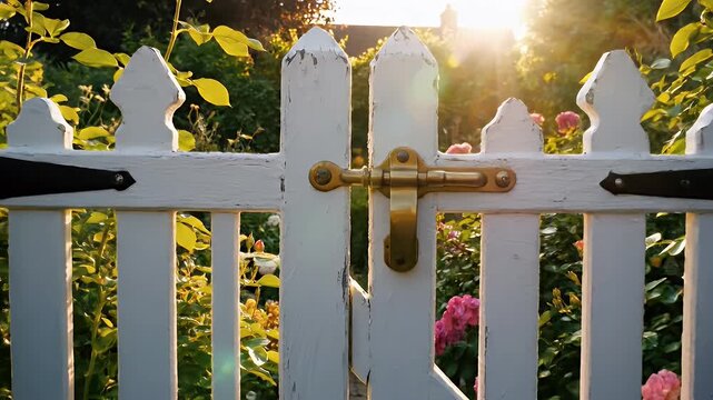Charming White Picket Gate Framed by Pink Roses and Blue Hydrangeas in Sunlit Garden