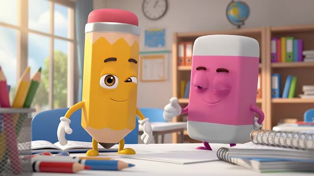 Cheerful anthropomorphic pencils with smiling faces work together at a bright classroom desk