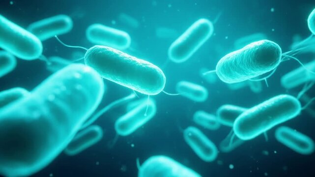 Microscopic 3D animation of glowing beneficial probiotics and healthy gut bacteria moving in a liquid environment, representing medical science and digestive health