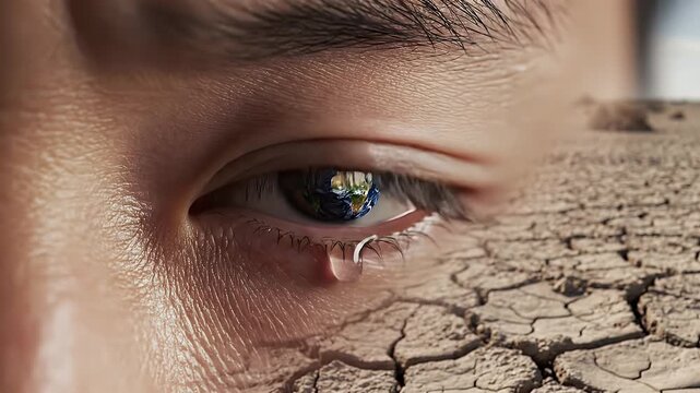 Close-Up of a Glistening Eye Reflecting the Earth Amidst Cracked Drought Terrain