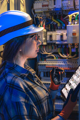 Obraz premium Woman electrician checks panel and logs data on tablet. Close portrait.